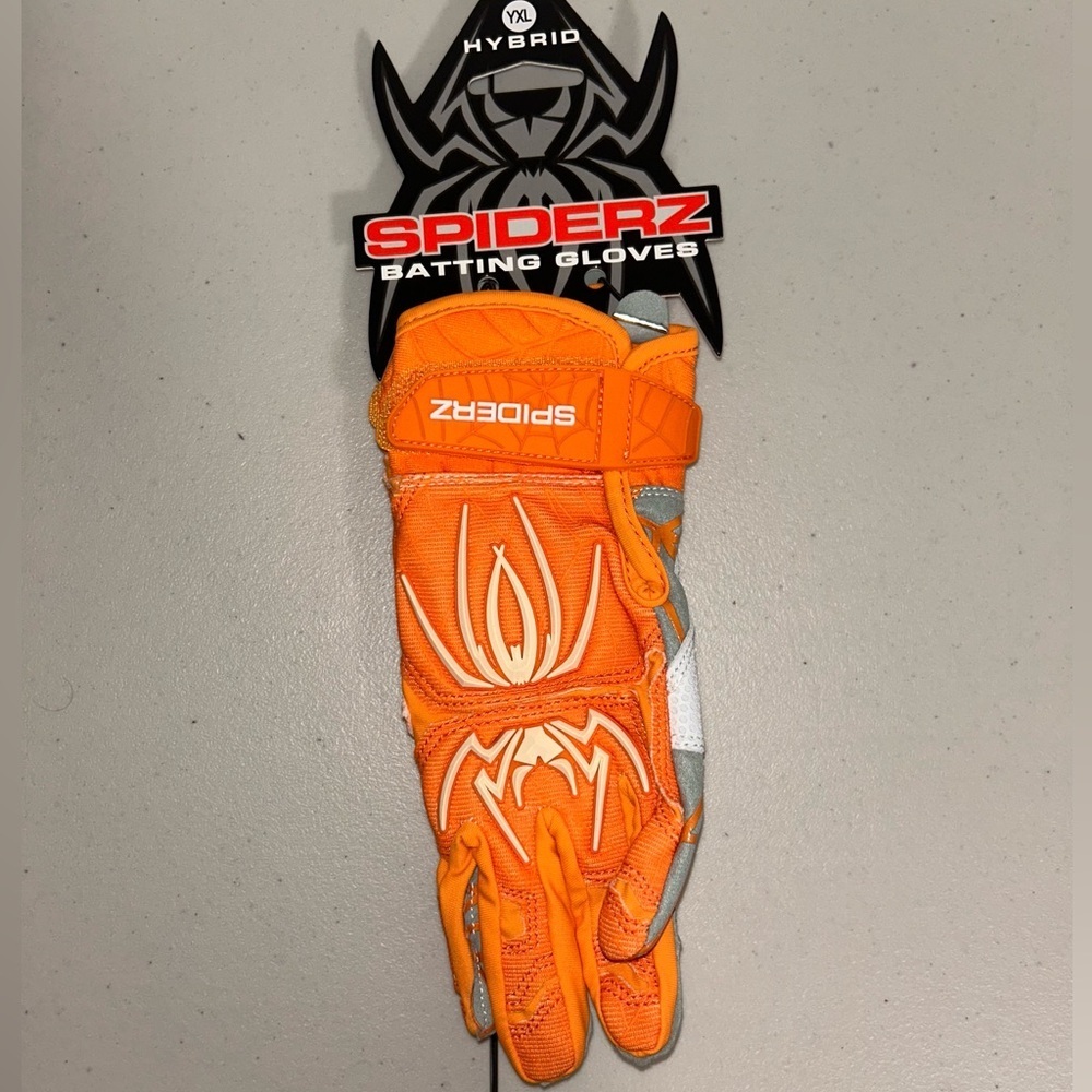 Spiderz Hybrid Batting Gloves Youth YXL Orange White Grey Baseball Softball